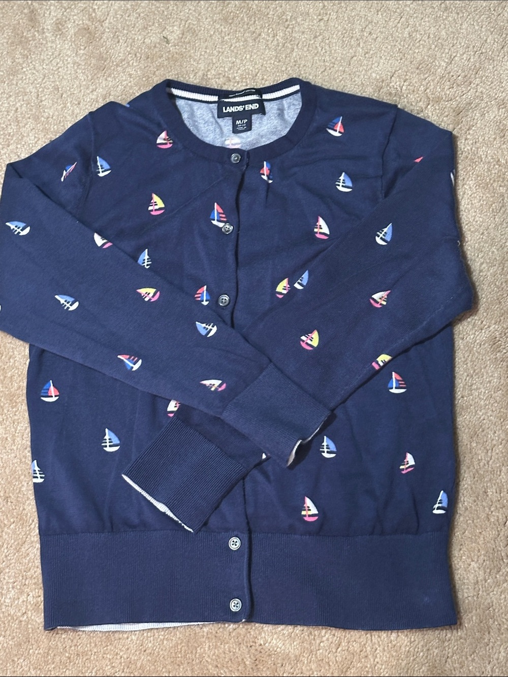 Lands' End Navy Cardigan with Colorful Sailboat motif